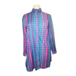Vintage Bamboo Size Medium Long Sleeve Button Down Shirt Dress Purple Pink Blue